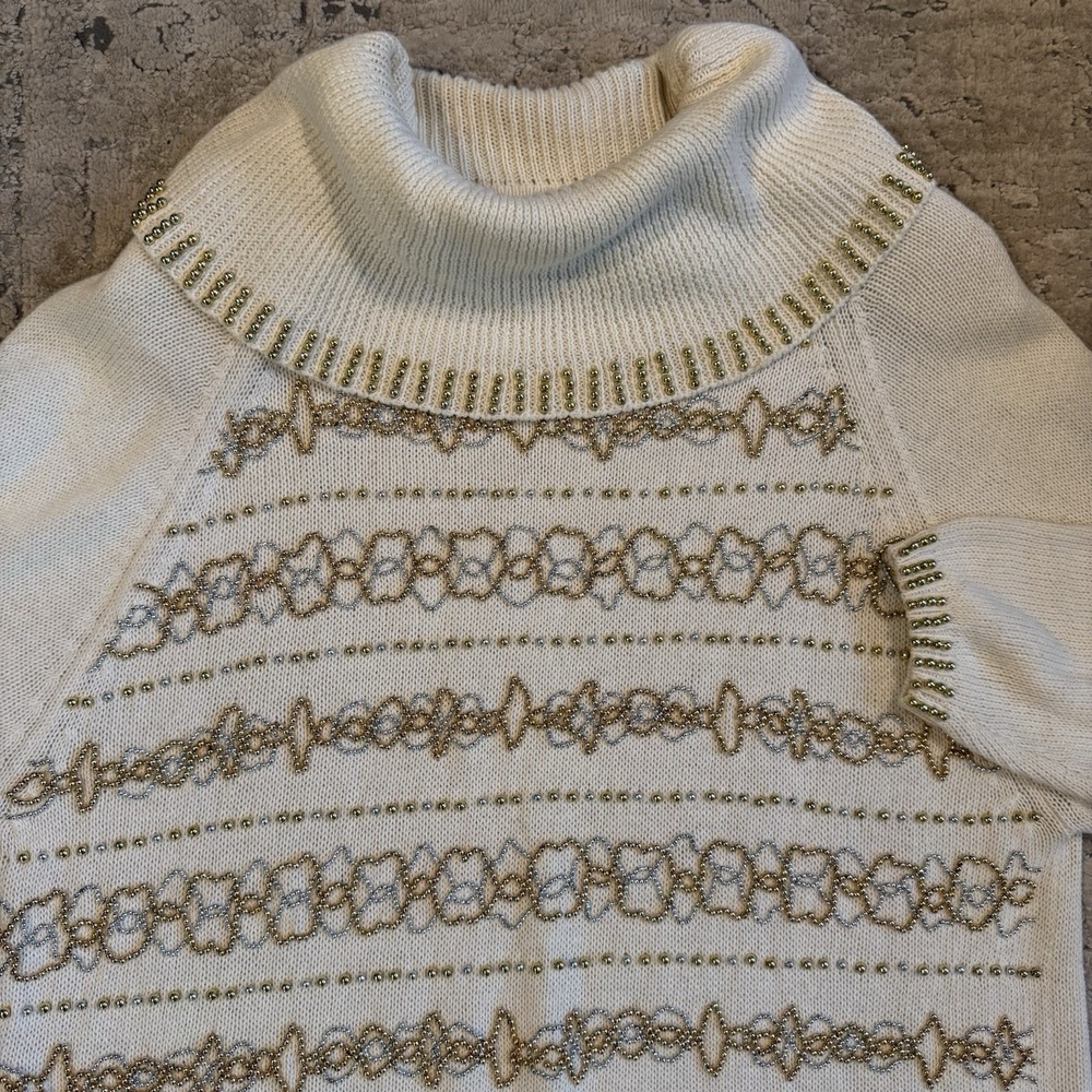 VICTORIA HARBOUR VTG Winter White Sweater Gold Silver Beads‎ Cowl Holiday 2X